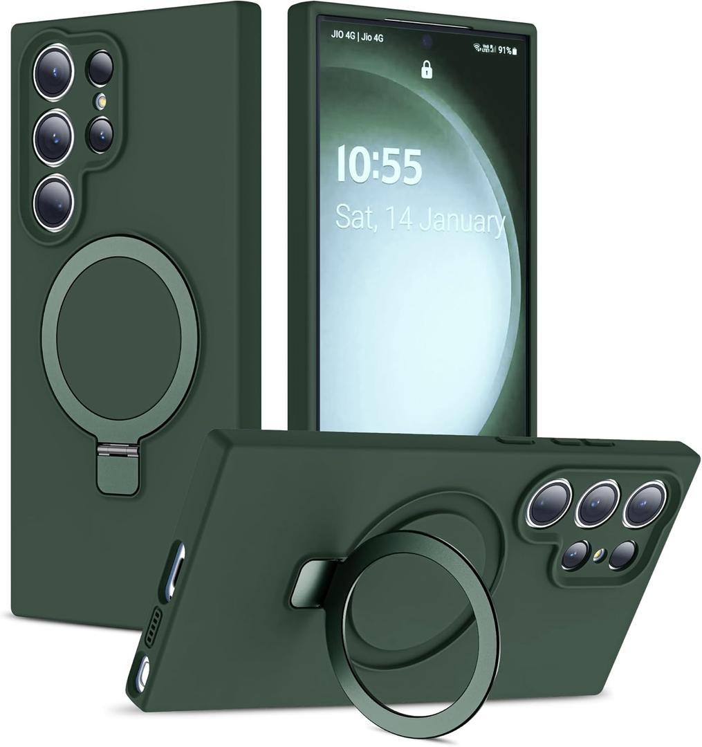 Designed for Samsung Galaxy S23 Ultra 6.8'' with Magnetic Ring Stand[Compatible with Mag-Safe][Military-Grade Protection] Slim Liquid Silicone S23 Ultra Phone Case for Men Wowen,Green