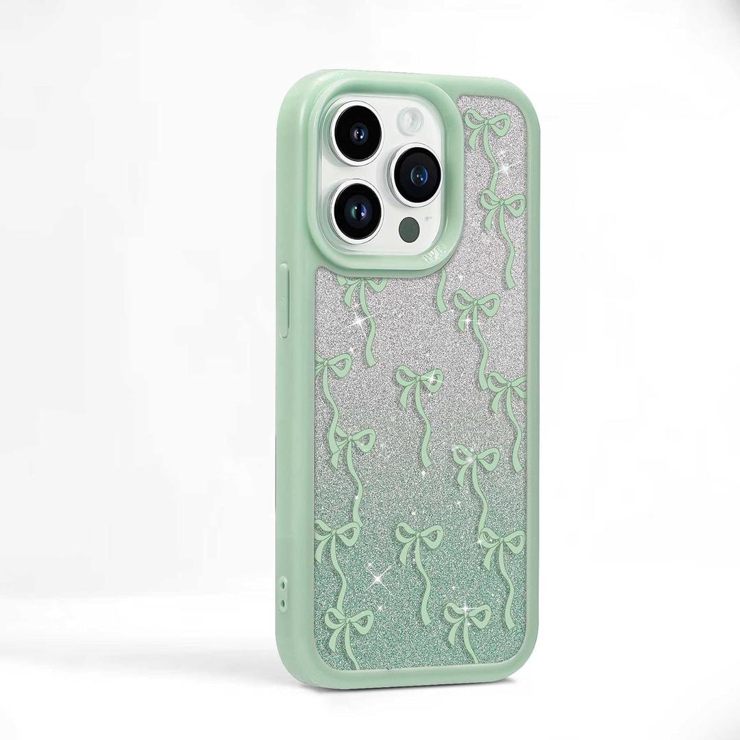 Bow Case for iPhone 14 Pro Max,Clear Slim Fit Pretty Aesthetic Bow Phone Case Cover for Women Girl,Soft Frame Hard Back Non-Yellowing Glitter Shimmer Protective Bowknot Pattern Case,Green
