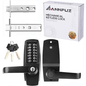 Mechanical Entry Keypad Door Handle Lock with Key,Auto-Locking Push Button Code Door Knob Lock,Single Sided Combination & Interior Hold-open Lever,for Front Gate,Garage,Office,Matte Black