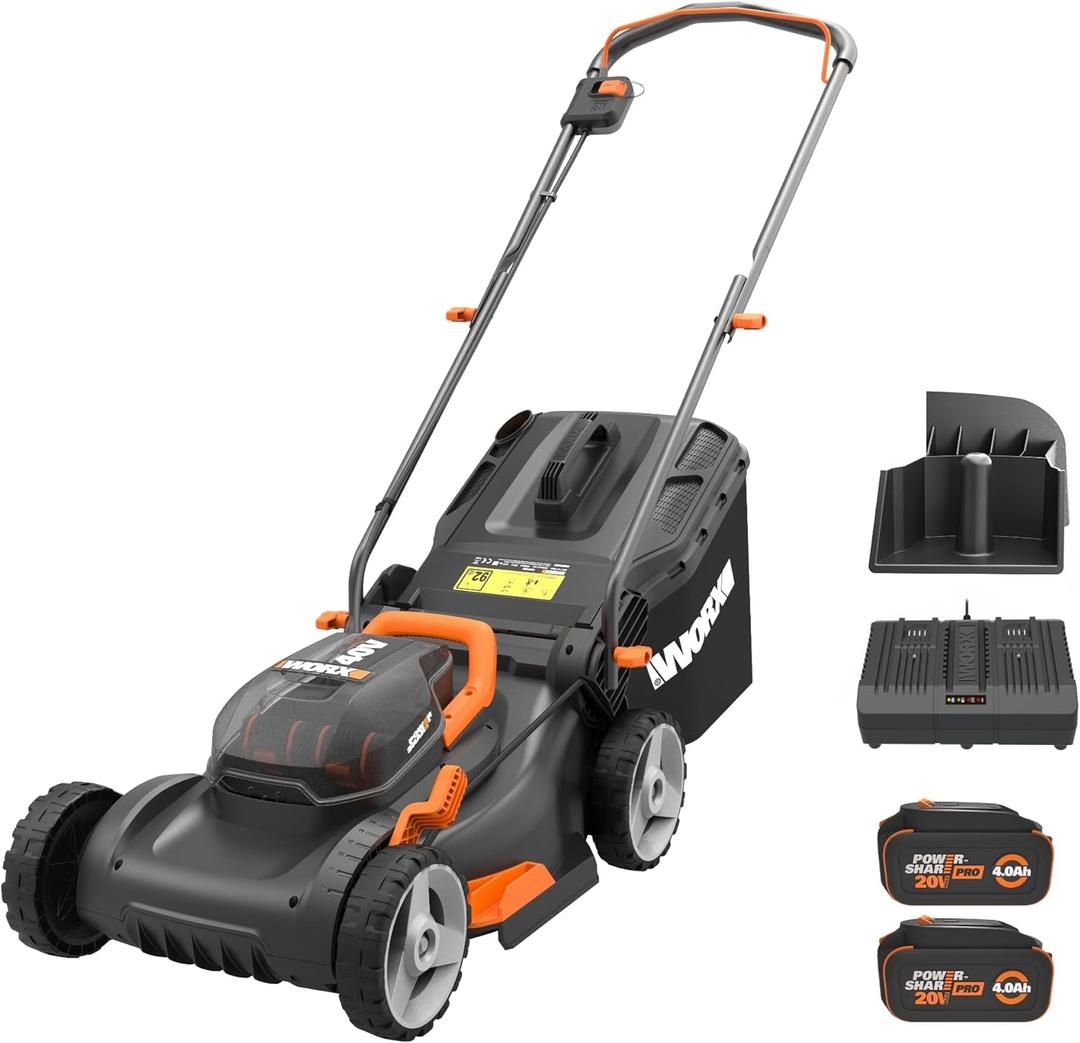 WORX 17" Cordless Lawn Mower, 2 in 1 Electric Mower Cuts Quietly, Compact & Lightweight Push Lawn Mower with 7-Position Height Adjustment for Small Yards, 2 Batteries & Charger Included, WG743