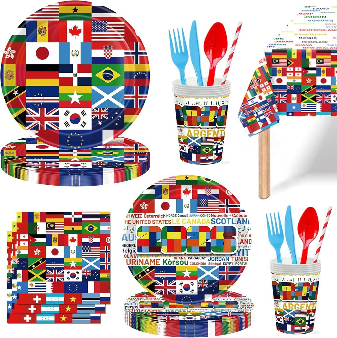 International Flags Soccer Party Decorations – 193 PCS Soccer Party Supplies for 24 Guests with Plates, Cups, Napkins, Cutlery & Tablecloth, 2026 Soccer Watch Party Decor