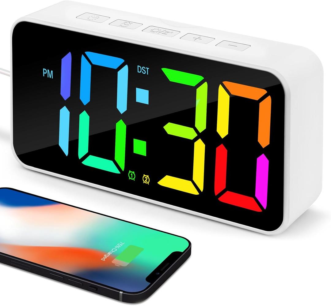 Digital Alarm Clocks for Bedrooms, Plug in Large Numbers NightLight 12/24Hr DST and Snooze, Loud Dual Alarm Digital Clock for Heavy Sleepers Adults Teens with USB Charger(White+RGB)