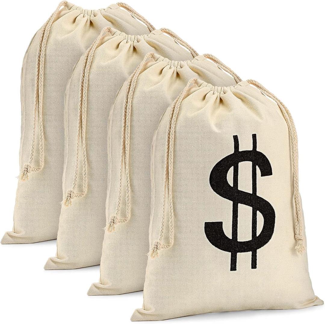 LEIFIDE 4 Pcs Canvas Money Bag Pouch with Drawstring Dollar Sign Carrying Sack Costume Props Canvas Coin Bag for Halloween Cosplay(11.4 x 15.3 Inch)