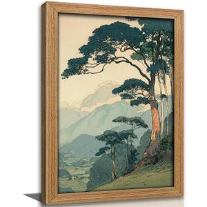 Framed Japanese Style Mountain Landscape Canvas Wall Art, Vintage Tree Scenery Print, Retro Woodblock Inspired Nature Painting for Bedroom Living Room Office Home Decoration, 24"L x 16"W