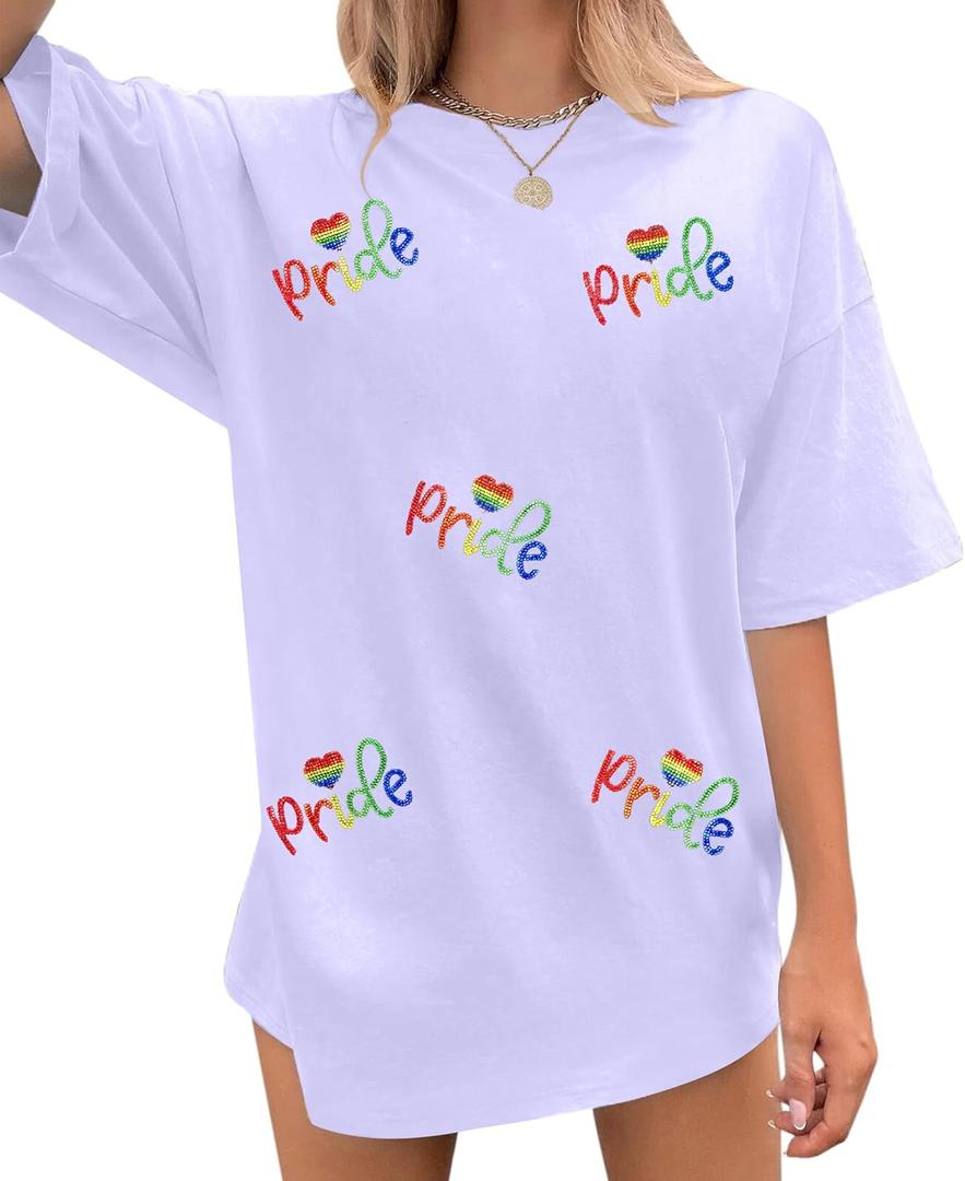 Pride Shirts Women LGBT Equality Sequin Shirt Glitter Rainbow Heart Graphic Tees Lesbian Pride Casual Summer Short Sleeve Top, S, Purple