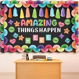 Qilery Motivational Classroom Bulletin Board Decoration Amazing Things Happen Here Bulletin Board Cutouts Macaron Paper Fans Garlands Tassel for School Preschool Elementary Chalkboard Decor