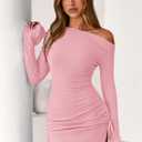 PRETTYGARDEN Long Sleeve Dress for Women 2026 Fall Off The Shoulder Cocktail Party Spring Mini Ruched Bodycon Dresses(Pink,Small) (Pink, S)