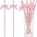 140 Pcs Pink Paper Straws, Bow Disposable Striped Drinking Straws Bulk for Pink Theme Birthday, Wedding, Baby Shower, Bachelorette Party Cake Decorations