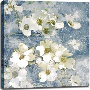 Bathroom Decor Farmhouse White Flowers Wall Art Boho Floral Painting Picture Canvas Print Framed Blue Artwork Poster for Bedroom Office Decoration 20"x20"