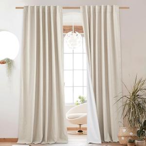NICETOWN 100% Absolutely Blackout Linen Curtains with Thermal Insulated White Liner, 52" W, 2 PCs, Beige, 90" Long Drapes Sweep The Floor Decorative Keep Privacy Panels for Living Room/Villa/Bedroom