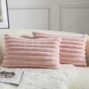 MANDIOO Pack of 2 Decorative Throw Pillow Covers Faux Fur Striped Plush Soft Cushion Covers Pillow Cases Bedroom Living Room Sofa Home 12x20 Inch Pink