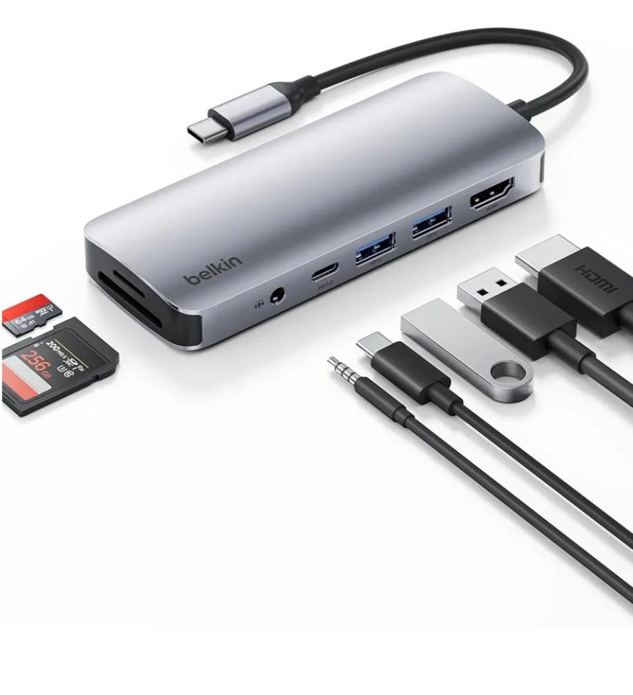 Belkin USB-C Hub, 7-in-1 Multiport Adapter - USB Docking Station with 4K HDMI, USB-C PD 3.0 Port, 2 x USB-A 3.1 Ports, SD Card & MicroSD Card Slots, & 3.5mm Audio Jack for MacBook, Air, iPad Pro, XPS