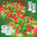 YEGUO Christmas Lights Battery Operated, 2 Pack Each 33ft 100 LED Red and Green String Lights Outdoor Waterproof,8 Modes Clear Wire Fairy Light Indoor with Remote