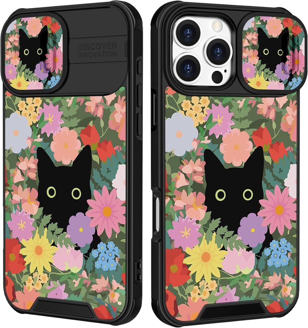 Funermei for iPhone 16 Pro Case - Women Girls Cute Phone Cover Girly Pretty Aesthetic Black Cat Floral Flower Unique Design with Camera Cover Funda for Apple for iPhone 16 Pro