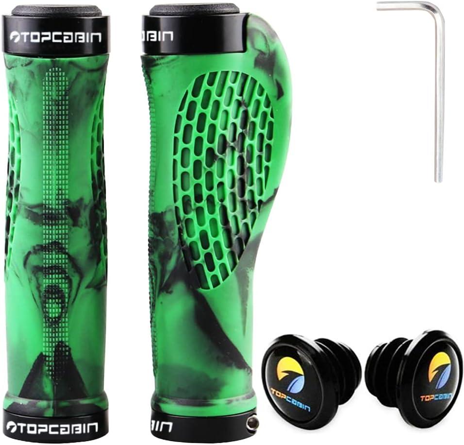 TOPCABIN Ergonomic Bike Grips - Widen Holding Rubber Grips with Aluminum LockGrips for Mountain & Road Bikes (Rubber Green, 1 Pair)
