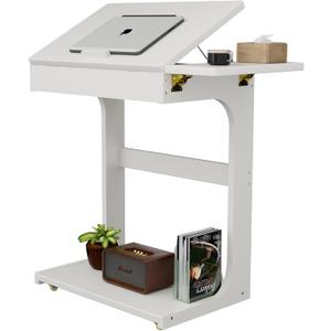 C-Shaped End Table, Solid Wood Rolling Side Table with Lockable Wheels, Couch Tables with Adjustable Desktop &Multi-functional Folding Tray, Small Side Table for Couch, Living Room, Bedroom Tall 30", 23.6" D X15.6" W X30" H