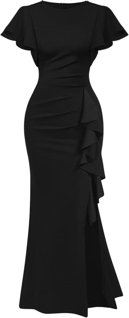 Memoriesea Women's Elegant High Split Ruched Bodycon Mermaid Evening Cocktail Maxi Dress (Black, XL)