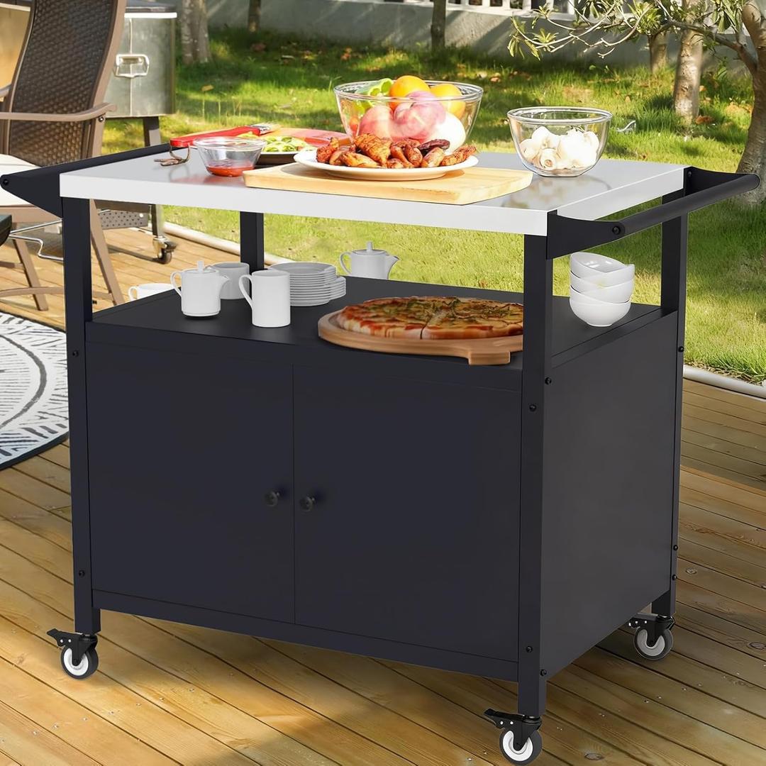 RAXSINYER Outdoor Grill Table with Storage, Stainless Steel Grill Cart, Outdoor Kitchen Island Prep Stand Station,Blackstone Griddle Stand, BBQ Serving Cart Rolling Bar Cart with 4 Utensil Hooks 1