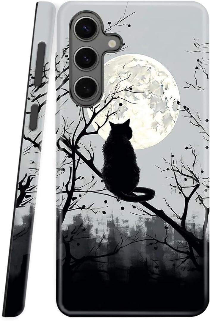 Case Compatible with Samsung Galaxy S25 FE 5G, Heavy Duty Dual-Layer Shockproof Protective Phone Case,Black Cat and Moon