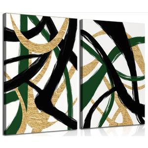 GKQNMU 2pcs Abstract Stripe Canvas Wall Art Modern Minimalist Geometry Wall Decoration Pictures Green Gold And Black Prints Posters Paintings for Living Room Bedroom Office Decoration Ready To Hang
