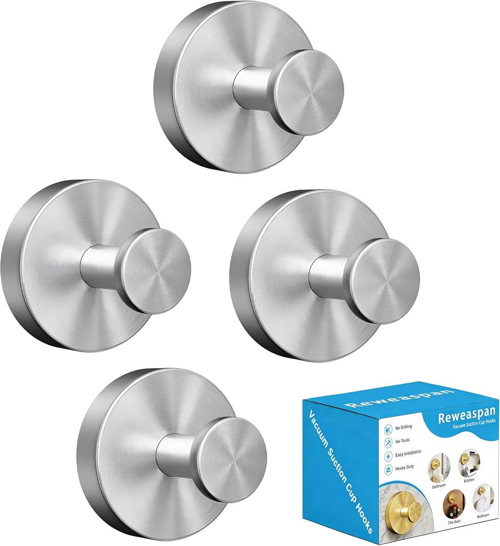 Suction Cup Hooks for Shower, Heavy Duty Towel Hooks for Walls No Damage, Suitable for Hanging Towels, Robes, Coats, Holds 15 lbs-4pack, Brushed Silver