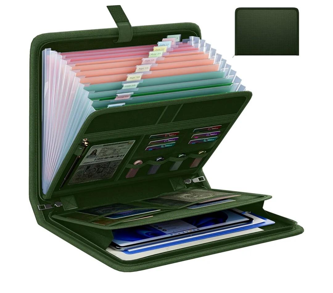 Fireproof Accordion File Organizer, Portable Expanding File Folder with Waterproof Zipper&Labels, Green Document Organizer with 13 Pockets, File Organizer for Important Document/Paper Storage