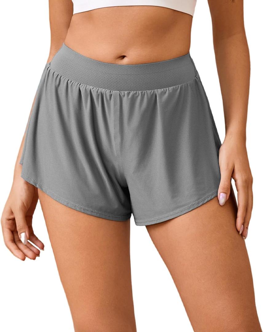 Women's Athletic Shorts High Waisted Running Shorts Sporty Short Gym Elastic Workout Shorts (Gray, L)