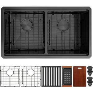 MILOSEN 32''x18'' Black Double Bowl Kitchen Sink, T304 Stainless Steel Undermount Workstation Ledge, 10'' Deep 50/50 Double Basin, Handmade Black Sink with Accessories