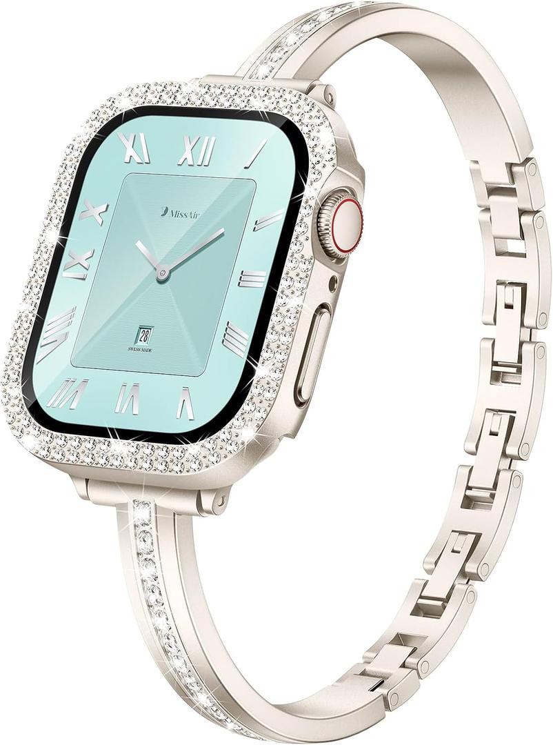 Missair Bands Compatible for Apple Watch Band 40mm 41mm 44mm 45mm with Screen Protector Case, Slim Metal Dressy Jewelry Bracelet Strap with Bling Diamond Cover for iWatch Series 9 8 7 6 5 4 for Women (Starlight)