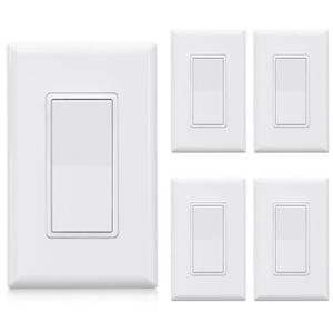 ELEGRP Single Pole Decors Light Switch with Screwless Plate, 15A 120/ 277V, Paddle Rocker Switch Replacement, On/ Off Wall Switch, Self-Grounding, Residential Grade, UL/ CUL (5 Pack, Glossy White)