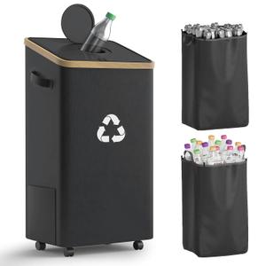 26 Gallon Recycling Bin for Kitchen, 100L Recycle Bin with Lid, Recycle Bins for Kitchen with 4 Wheels(Lockable),2 Reusable Inner Bags, for Bottle Can Glass Plastic Stickers, Black
