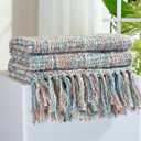 Multi-Color Pink Blue Cable Woven Throw Blanket for Couch,60"X80" Boho Style Textured Blankets for Home Decor,Super Soft Warm Cozy Chunky Blanket with Decorative Tassels for Bed