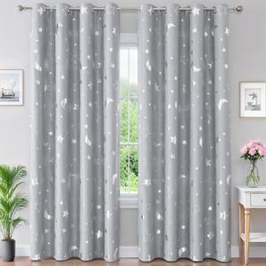 WUBODTI Dark Grey 100% Blackout Star Curtains for Kids Room 72 Inches Long 2 Panels, Space Themed Boys Thermal Curtain Grommets Silver Patterned Gray Baby Curtain Drapes for Bedroom Living Room