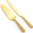 Dicunoy 2 PCS Gold Cake Knife and Server Set, Wedding Cake Cutting Utensils, Vintage Engraved Cake Cutter and Serving Spatula for Birthday,Anniversary, Vibrant Gold