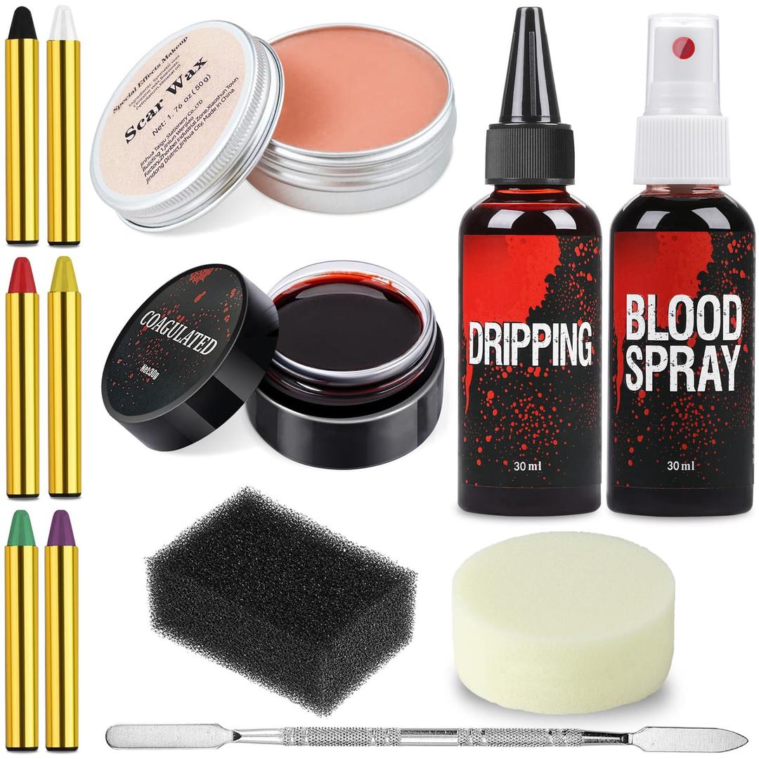 Halloween Makeup Kit, Scar Wax SFX Makeup Kit Fake Blood Set, Kit Includes Scar Wax, 6 Colors Bruise Face Body Paint Crayon, Fake Blood Spray+Dripping+Coagulated Gel, Spatula Sponges Tool (Set A)