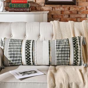AmHoo Chenille Striped Textured Boho Throw Pillow Covers Aesthetic with Tassels Woven Decorative Pillow Case for Couch Bed Sofa Bedroom Modern Funky 14 x 36-Inch Sage Green