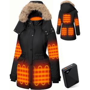 Hecusma Heated Jackets for Women with 18400mAh 12V Battery Pack Included, Parka Womens Heated Jacket with Hood Skating (Small, Black)