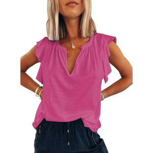 Dokotoo Women's Casual V Neck Ruffle Sleeve Summer Tank Tops Shirts (Pink, XL)
