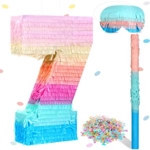 Jenaai 16 Inch Number Piata Kids Birthday Party Macaron Piata with Blindfold Stick and Confetti for Unicorn Birthday Wedding Baby Shower Decor(Number 7)