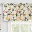 Watercolor Colorful Flowers Linen Kitchen Valance, Light Filtering Rod Pocket Small Window Curtains Valance for Kitchen Cafe Living Room Bathroom 54" x 18" Blush, Orange, Yellow