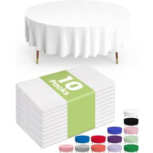 Pureegg Plastic Table Cloth Disposable 10 Pack, 84'' Round Table Cloths, Party, Picnic, Wedding, Decorative Tablecloths, Round, White Plastic Cover, Leakproof & Sturdy, White