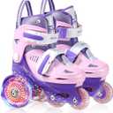 Toddler Roller Skates, 4 Adjustable Sizes, Light-up Wheels, Safety Three-Point Balance, Beginner Skates for Ages 3-8 Girls Boys Kids, Suitable Indoor & Outdoor Use (S-Small(11C-1Y US), Pink&Purple)