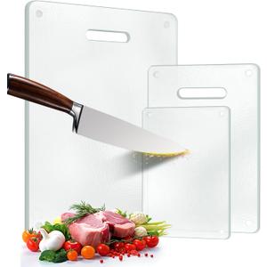 3 Pack Glass Cutting Boards for Kitchen Counter, Clear Tempered Glass Cutting Board Set with Handle (16"x12" & 12"x8" & 9"x6"), Scratch Resistant, Dishwasher Safe, Non-toxic, Easy to Clean