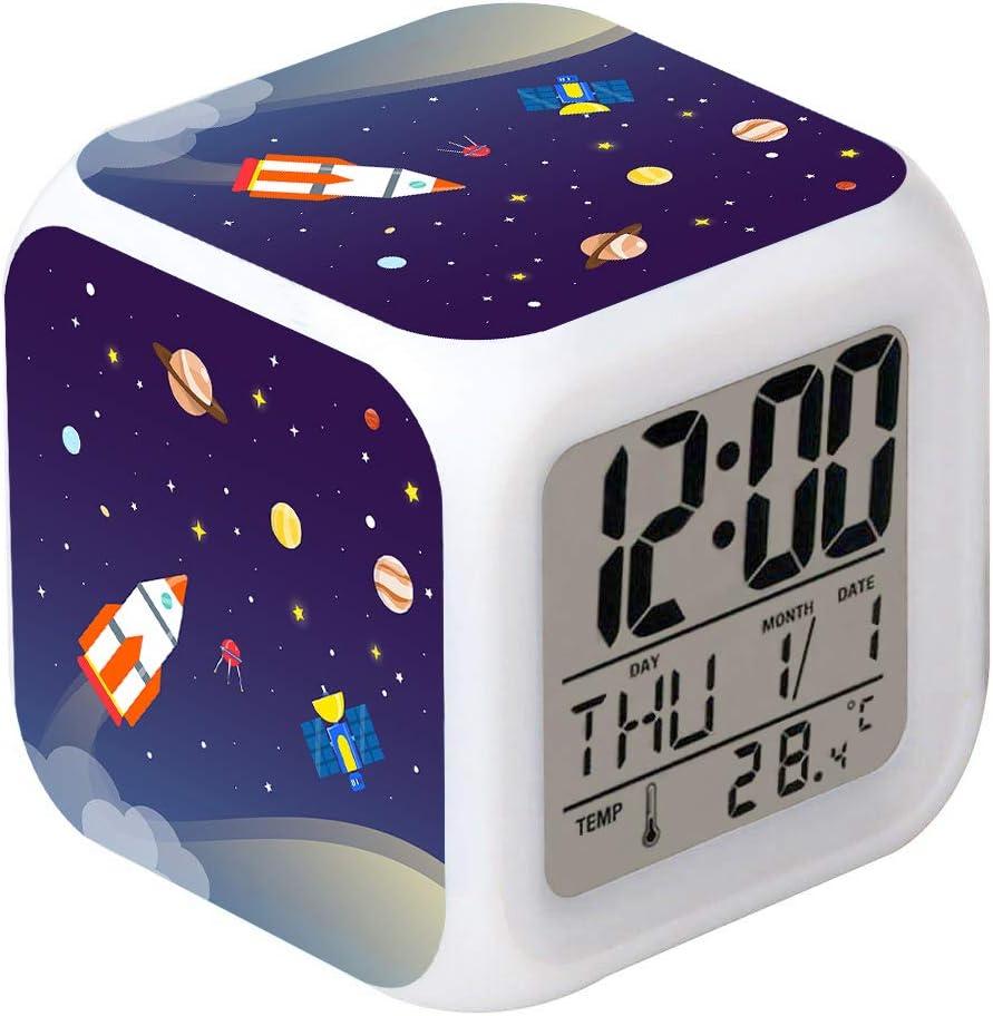 LED Alarm Clock Rocket Space Universe Pattern Creative Desk Table Clock Glowing Electronic Colorful Digital Clock for Unisex Adults Girl Boy Kids Children Toy Birthday Present Gift