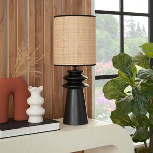 Nourison 22" Black Ceramic and Straw Tiered Table Lamp for Bedroom, Living Room, Console, Entryway