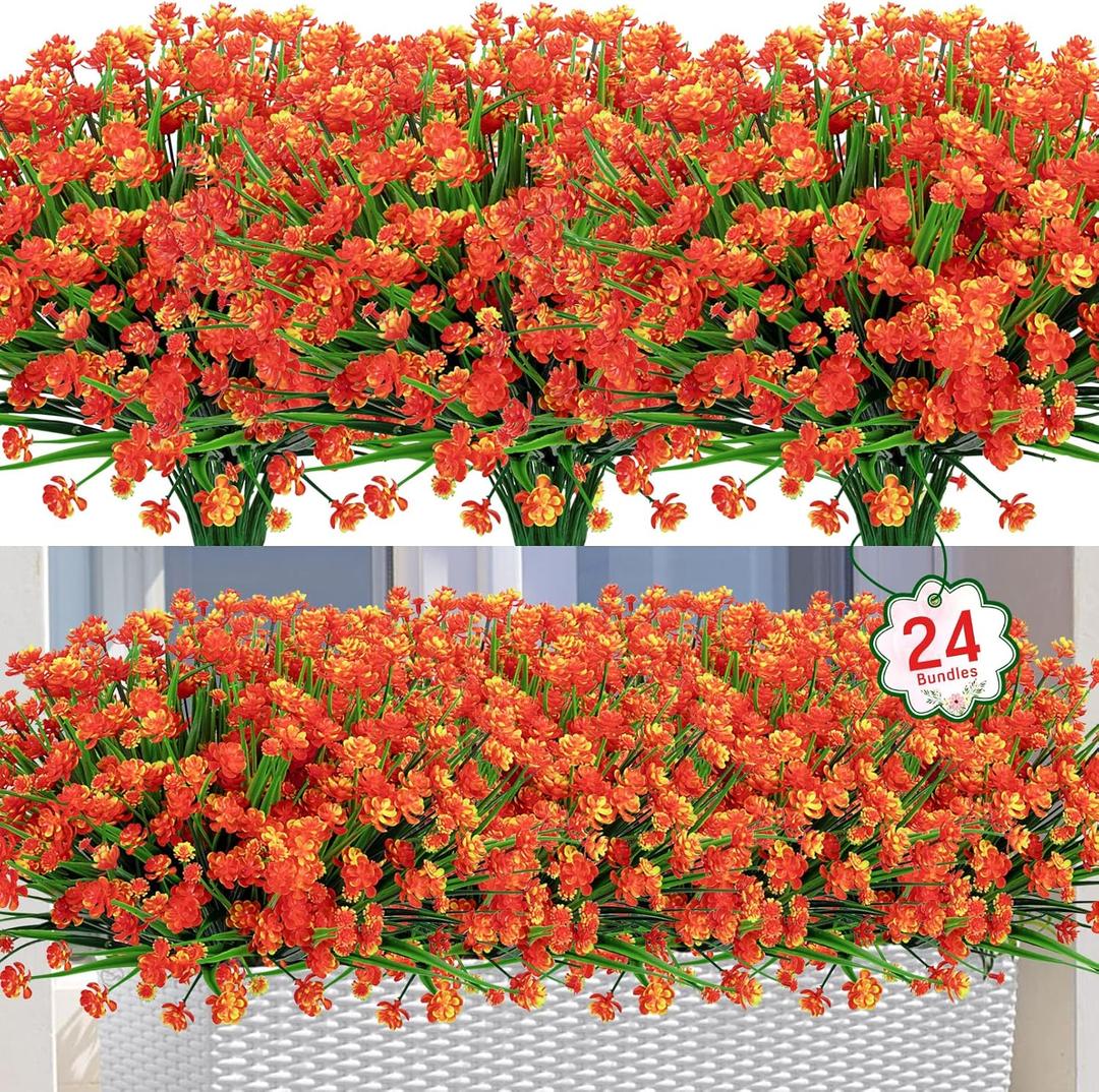 Ouddy Decor 24 Bundles Artificial Flowers for Outdoors UV Resistant Fake Plastic Plants Faux Greenery Stems for Spring Summer Indoor Garden Patio Window Box Kitchen Home Decor, Orange