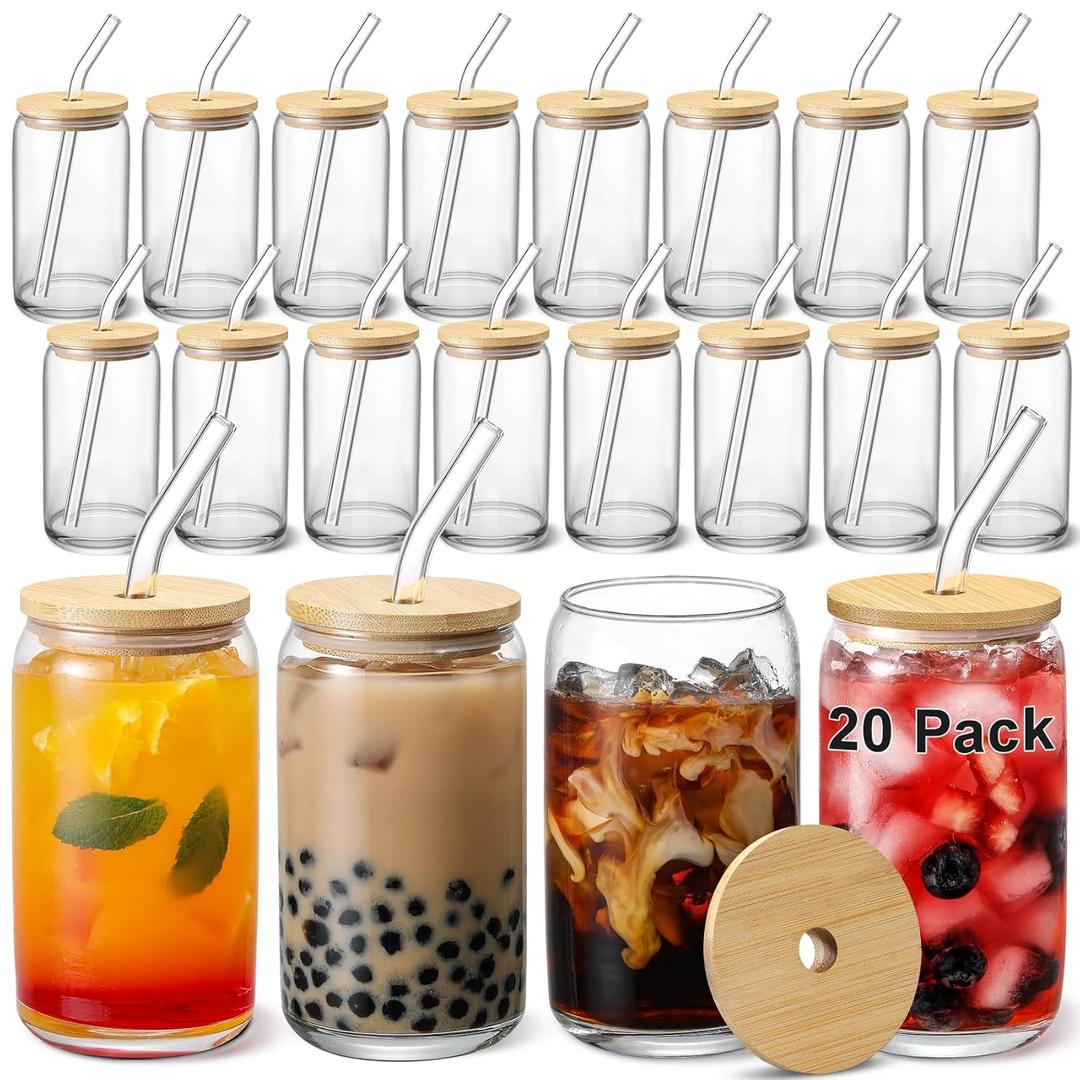 VITEVER [ 20pcs Set ] Glass Cups with Bamboo Lids and Glass Straw - Beer Shaped 16 oz Iced Coffee Drinking Glasses, Cute Tumbler Cup for Smoothie, Boba Tea, Whiskey, Water
