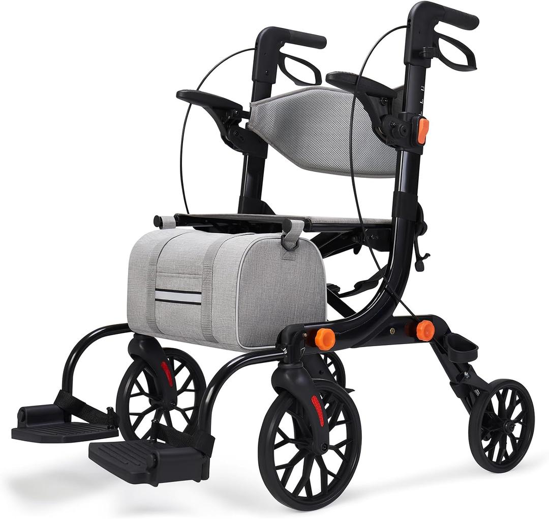 2-in-1 Walkers for Seniors with Seat & Transport Wheelchair Combo,All-Terrain Rolling Walker,Adjustable Height for Indoor Outdoor Mobility with Brakes & Storage Pouch