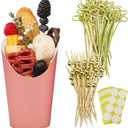 CAMKYDE 50 Charcuterie Cups + 200 Cocktail Picks + 56 Labels, 12 oz Disposable Charcuterie Cups with Sticks (2 Types), French Fry Cup Pink Paper Appetizer Cup for all Occasions (Pink)
