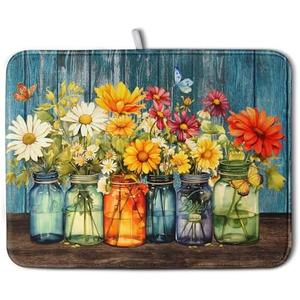 Daisy Dish Drying Mat for Kitchen Counter 18x24 Inch Rustic Vintage Flower Vases Drying Mats Microfiber Absorbent Dishes Drainer Mats Farmhouse Floral Wooden Board Dish Rack Pad